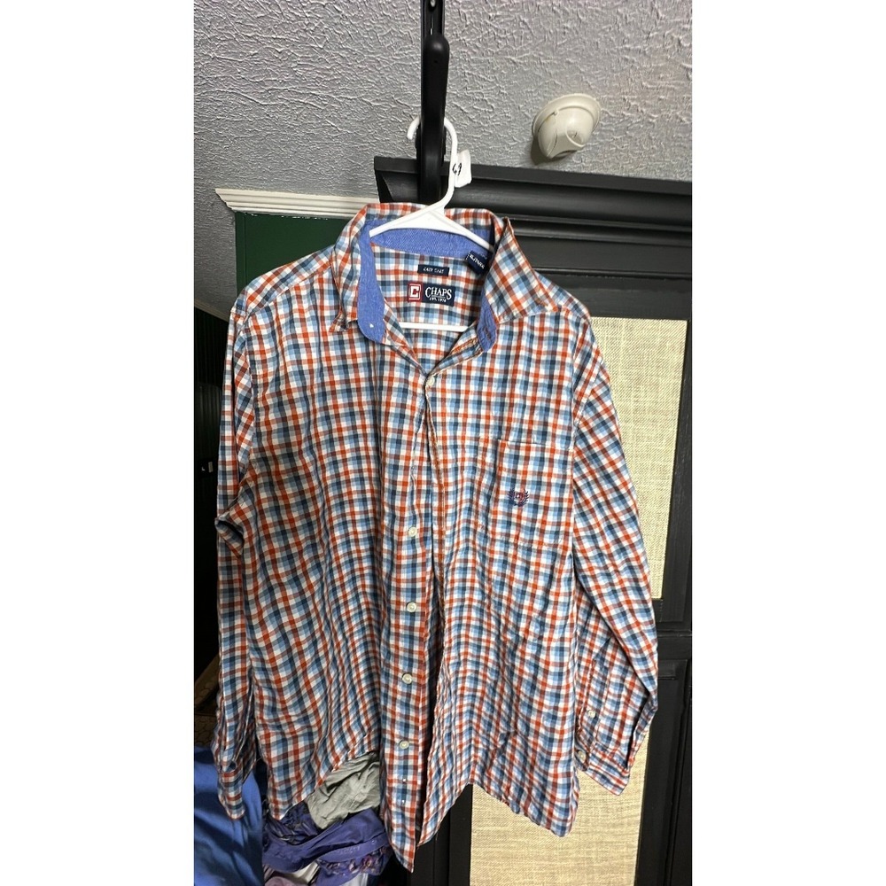 Chaps Mens XL Easy Care Long Sleeve Plaid Button Down Shirt Orange Blue White